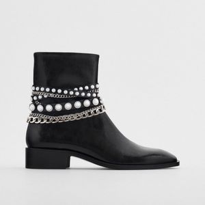 Zara low heeled pearl and chain accent booties